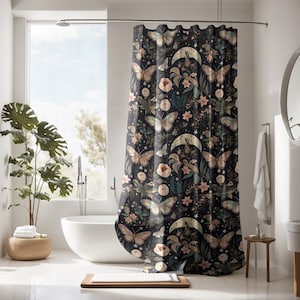 Dark Cottagecore Black Botanical Shower Curtain, Moody Dark Academia, Vintage Apothecary Witchy Eclectic Maximalist Bathroom Decor