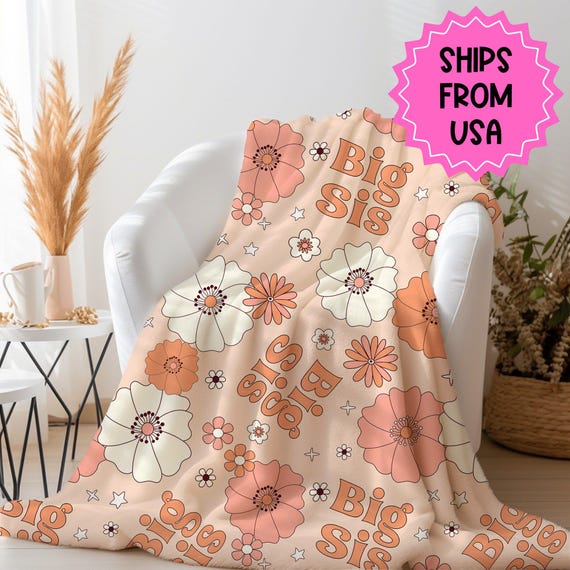 Big sis Orange Floral Blanket, Big sister gift, sister gift from sister, groovy baby announcement, orange blanket, floral sister blanket