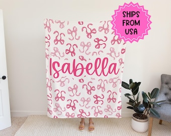 Manta personalizada con lazo rosa coqueta, decoración de habitación coqueta, decoración de habitación con cosas preppy, manta de bebé con lazo rosa, decoración con lazo