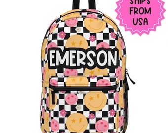 Personalized Backpack smiley face checkered, Back to school Gifts for kids Girls Backpack, Kids toddler Backpack, custom daycare bag