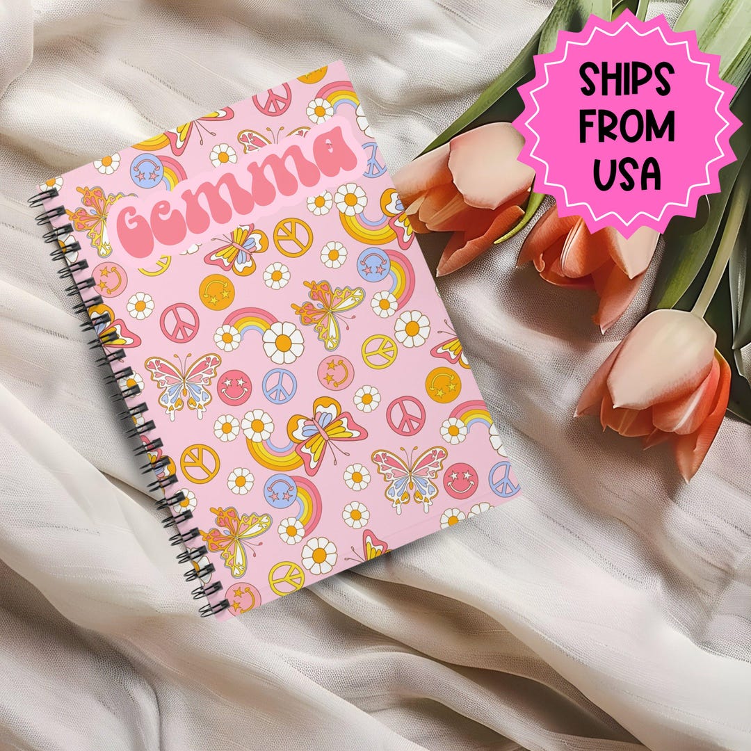 Personalized Retro Spiral Notebook, Notebooking, Pink Flower Butterfly ...