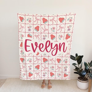 Personalized coquette pink bow Blanket, cute strawberry room decor, preppy stuff room decor, pink bow baby blanket, bow decor