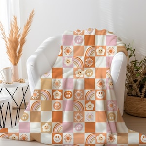 Personalized Orange groovy checkered Blanket, orange checkerboard blanket, checkered blanket, checkered throw blanket couch