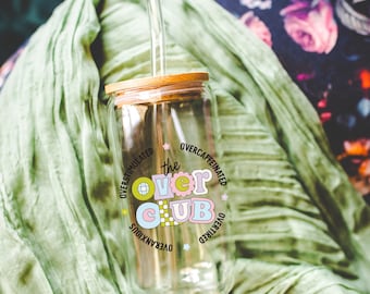 Preppy funny glass cup with bamboo lid glass straw, Cute Cup Beer Can Iced Coffee Glass Cup Cute Glass Cup gift for her overstimulated