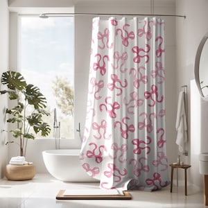 Tenda da doccia con fiocco rosa, decorazione Coquette, decorazione bagno Coquette personalizzata alla moda, tenda da doccia preppy, decorazione bagno estetica personalizzata