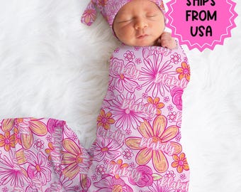 Personalized swaddle hat set floral newborn blanket hospital announcement reveal outfit baby girl large stretchy swaddle baby shower gift