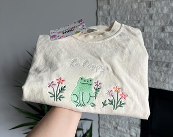 Cute Frog embroidered comfort color shirt be hoppy, trendy embroidery