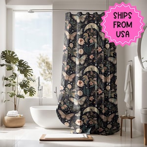 Dark Cottagecore Black Botanical Shower Curtain, Moody Dark Academia, Vintage Apothecary Witchy Eclectic Maximalist Bathroom Decor