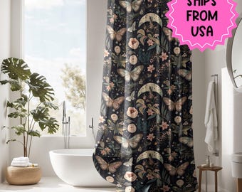 Dark Cottagecore Black Botanical Shower Curtain, Moody Dark Academia, Vintage Apothecary Witchy Eclectic Maximalist Bathroom Decor
