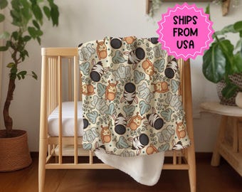 Personlig filt för pojkar, safaridjursfilt zoo-tema, unisex födelsedagspresent till honom, anpassad namnfilt babyshowerpresent