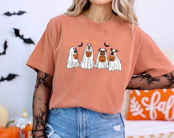 Camiseta de cachorro fantasma Halloween Camiseta de cachorro assustador, Camiseta gráfica fofa de cachorro fantasma, Camiseta estética de Halloween para amantes de cães, Camiseta minimalista de fantasma