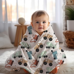 Custom name blanket baby boy construction Personalized trucks blanket, birthday gift for him, baby shower gift toddler