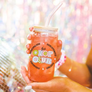 Preppy funny glass cup with bamboo lid glass straw, Cute Cup Beer Can Iced Coffee Glass Cup Cute Glass Cup gift for her overstimulated