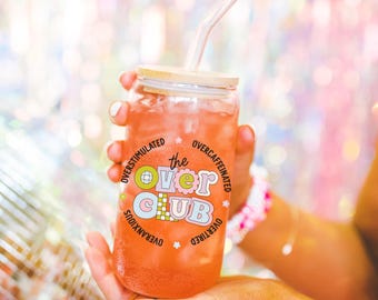Preppy funny glass cup with bamboo lid glass straw, Cute Cup Beer Can Iced Coffee Glass Cup Cute Glass Cup gift for her overstimulated