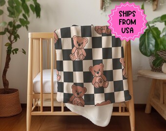 Teddydecke für Jungen kariert, personalisierte Decke benutzerdefinierte Name, Geburtstagsgeschenk für ihn, benutzerdefinierte Name Babydecke, Baby-Duschegeschenk