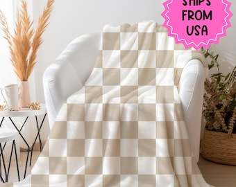 Personalized checkered vintage blanket with Name, Beige Custom blanket gift, Birthday Anniversary Gift, toddler kids blanket