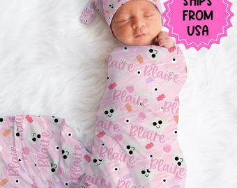 Personalisierte rosa Halloween Neugeborenen Swaddle Bow Set Hut, Geister Swaddle Set, benutzerdefinierte Name Krankenhausansage, personalisiertes Babypartygeschenk