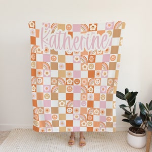 Personalized Orange groovy checkered Blanket, orange checkerboard blanket, checkered blanket, checkered throw blanket couch