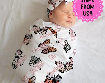 Personalized Butterfly Swaddle bow set newborn, Swaddle and hat set girl hospital reveal outfit, baby shower gift, stretchy swaddle