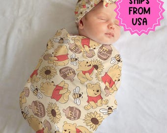 Winnie the Pooh Swaddle and bow set newborn, Swaddle and hat set, Newborn girl hospital reveal outfit, baby shower gift, stretchy swaddle