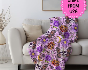Personalized Halloween Blanket, Halloween gift, Gothic Skull Halloween decor throw, Purple Halloween decor fall blanket couch autumn decor