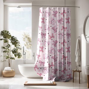 Tenda da doccia con fiocco rosa, decorazione Coquette, decorazione bagno Coquette personalizzata alla moda, tenda da doccia preppy, decorazione bagno estetica personalizzata