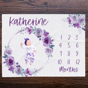 Gepersonaliseerde mijlpaaldeken, paarse bloemen mijlpaaldeken baby, maandelijkse groeideken