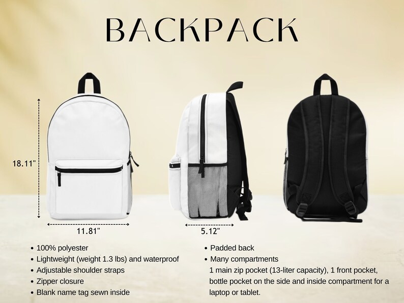 May include: A white, black, and gray backpack with adjustable shoulder straps, a zipper closure, and a padded back. The backpack measures 18.11 inches tall, 11.81 inches wide, and 5.12 inches deep.