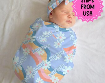Personalized groovy floral Swaddle bow set newborn, Swaddle hat set girl baby hospital outfit, baby shower gift, large stretchy swaddle