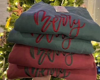 Merry Embroidered Christmas Sweater on comfort colors crewneck