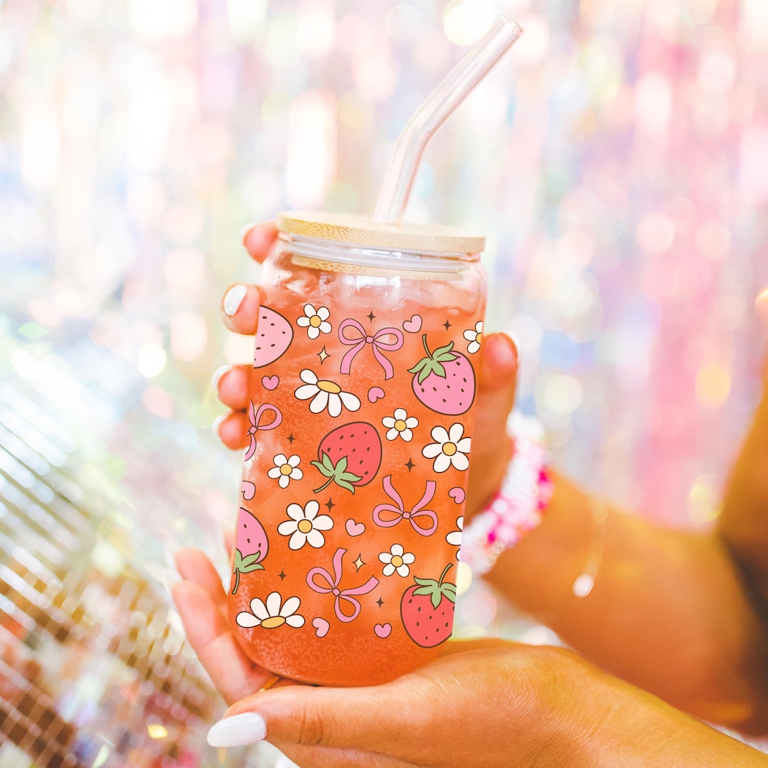 Girly Coquette Bow Glass Cup With Bamboo Lid Glass Straw, Cute Cup Beer ...