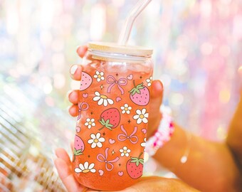 Girly coquette bow glass cup with bamboo lid glass straw, Cute Cup Beer Can Iced Coffee Glass Cup Cute preppy Glass Cup gift for her