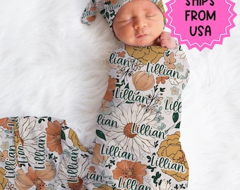 Custom Floral Baby Swaddle Blanket newborn boho, coming home hospital announcement reveal outfit, personalized name blanket baby shower gift