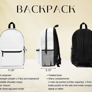May include: A white, black and grey backpack with adjustable shoulder straps, a zipper closure and a padded back. The backpack measures 18.11 inches tall, 11.81 inches wide and 5.12 inches deep.