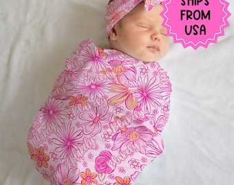 Personalized swaddle hat set floral newborn blanket hospital announcement reveal outfit baby girl large stretchy swaddle baby shower gift