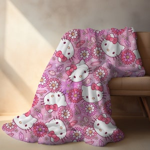 Personalized Pink anime cat Blanket custom name blanket for toddlers kids and adults kawaii cat blanket