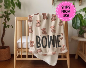 Personalisierte Decke für Jungen, Teddybär Decke, karierte Decke, Geburtstagsgeschenk für ihn, individuelle Babydecke, Baby-Duschegeschenk