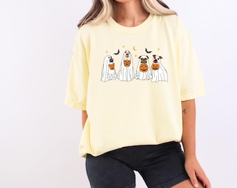Camiseta de cachorro fantasma Halloween Camiseta de cachorro assustador, Camiseta gráfica fofa de cachorro fantasma, Camiseta estética de Halloween para amantes de cães, Camiseta minimalista de fantasma