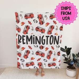 Spersonalizowany kocyk dla chłopca, kocyk z wozem strażackim, koc strażacki, prezent urodzinowy dla niego, spersonalizowany kocyk dla dziecka, prezent na baby shower dla malucha