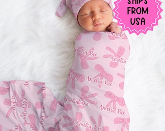 Conjunto de gorro de bebé personalizado, manta para recién nacido, anuncio de hospital, atuendo para niña, manta con lazo grande, regalo para baby shower