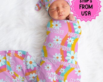 Personalized groovy floral Swaddle bow set newborn, Swaddle hat set girl baby hospital outfit, baby shower gift, large stretchy swaddle