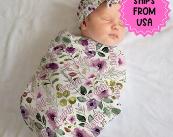 Personalized Floral Swaddle bow set newborn, Swaddle and hat set, Newborn girl hospital reveal outfit, baby shower gift, stretchy swaddle