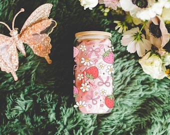 Girly coquette bow glass cup with bamboo lid glass straw, Cute Cup Beer Can Iced Coffee Glass Cup Cute preppy Glass Cup gift for her
