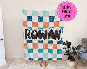 Personlig rutig filt för pojke, blå rutig filt, födelsedagspresent till honom, anpassad filt med namn, babyshowerpresent, födelsedagspresent till pojke
