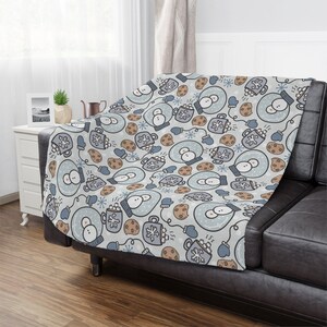 blue snowman and hot chocolate christmas blanket, cute christmas blanket, blue christmas decor, gifts under 100
