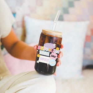 Preppy glass cup positive affirmation cup with bamboo lid glass straw, Cute Cup Beer Can Iced Coffee Glass Cup Cute Glass Cup gift for her