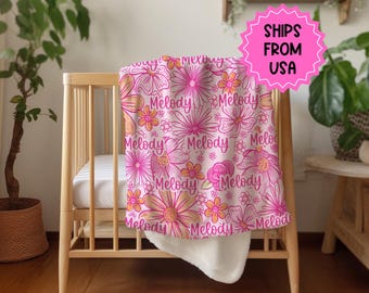 Personalized baby blanket and customized name blankets for baby girl gifts and children's Christmas gifts, pink floral name blanket