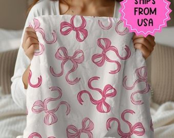 Personalized coquette pink bow Blanket, coquette room decor, preppy stuff room decor, pink bow baby blanket, bow decor
