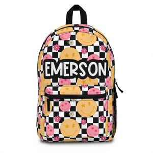 Sac à dos personnalisé smiley à carreaux, cadeaux de retour à l'école pour enfants filles sac à dos, sac à dos pour tout-petits, sac de garderie personnalisé