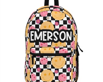Personalized Backpack smiley face checkered, Back to school Gifts for kids Girls Backpack, Kids toddler Backpack, custom daycare bag